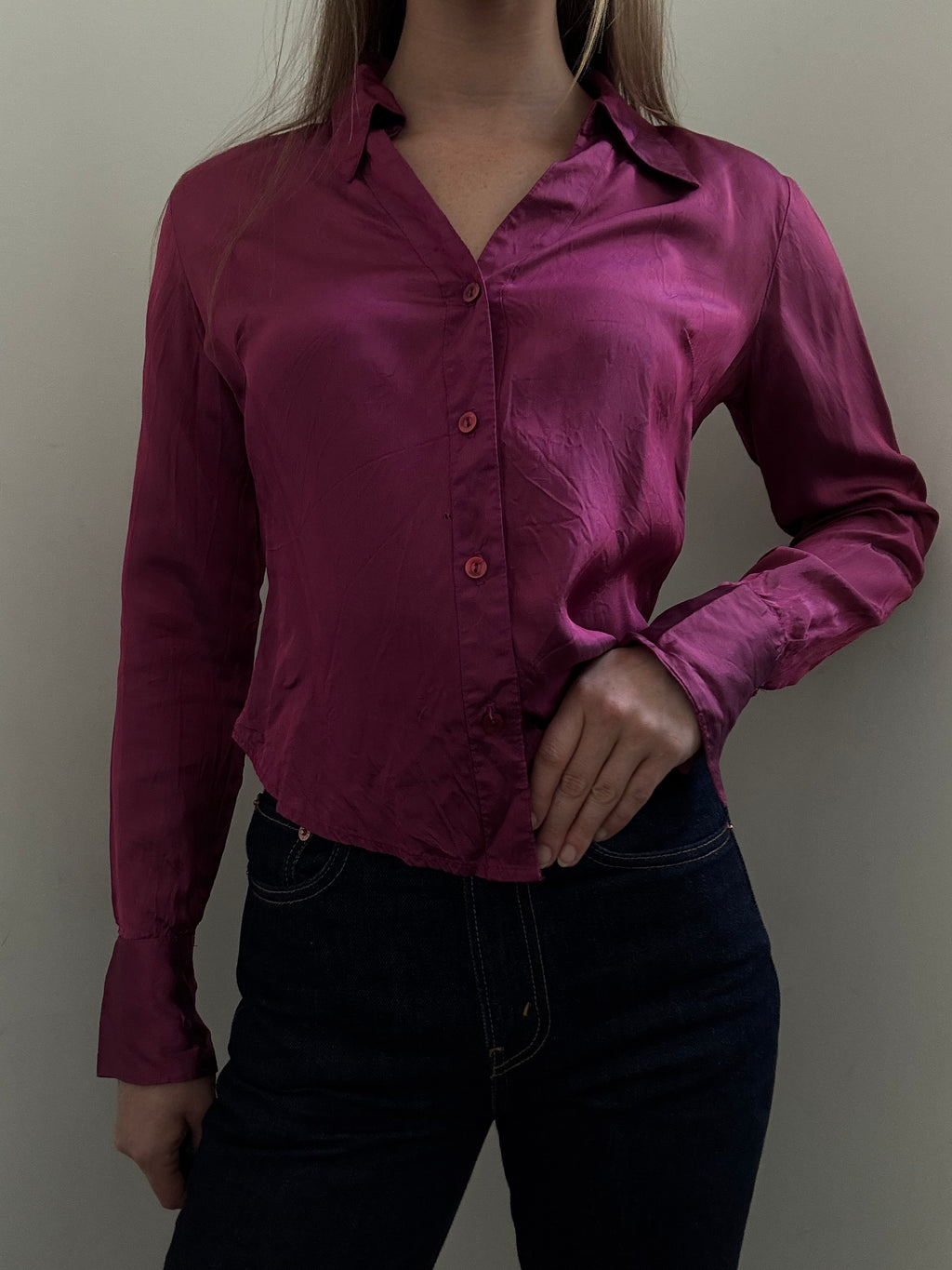 Vintage Magenta Iridescent Button-Up Blouse Size Small