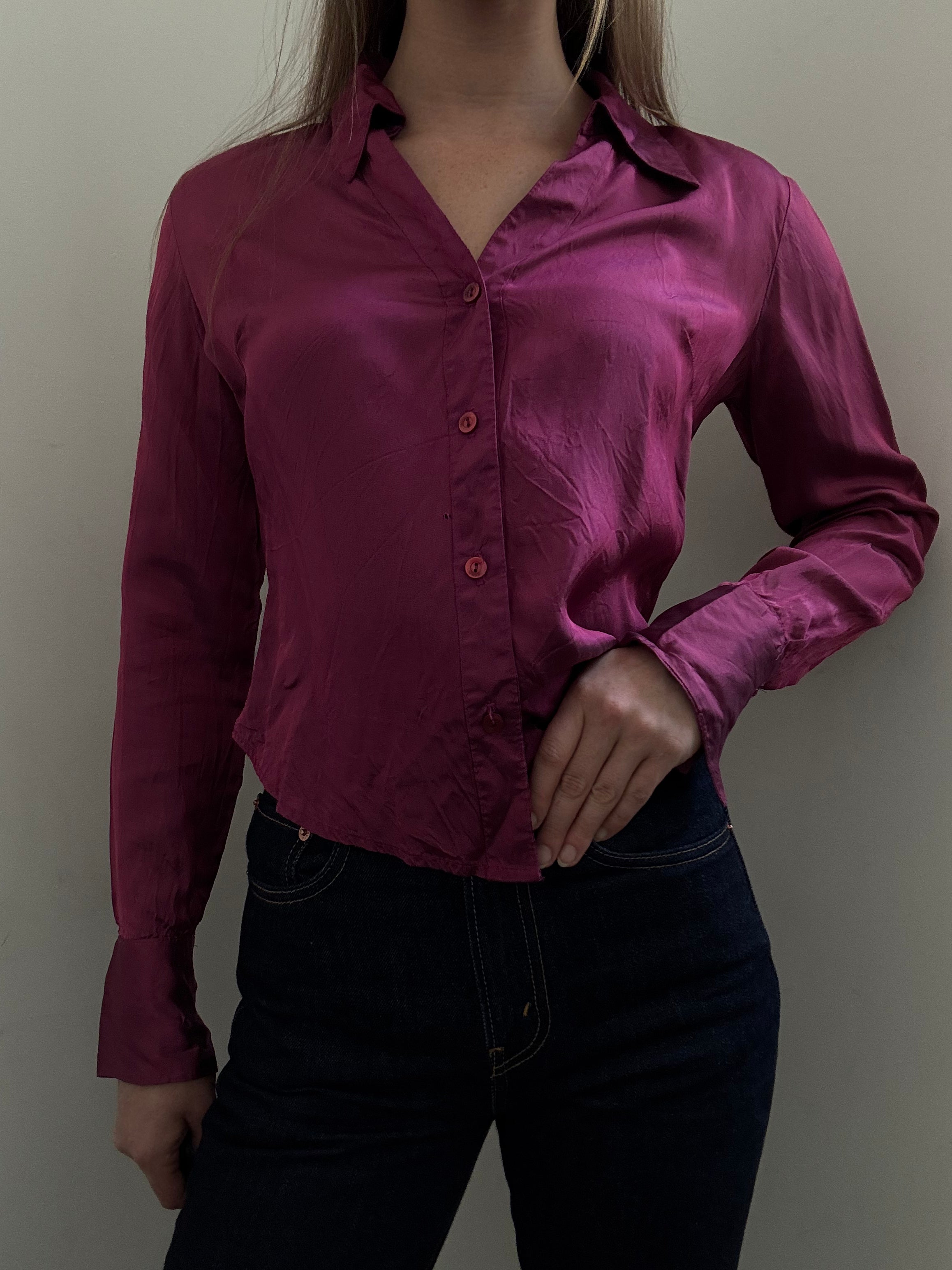 Vintage Magenta Iridescent Button-Up Blouse Size Small