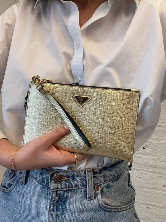 Vintage Prada Gold Saffiano Wristlet Bag