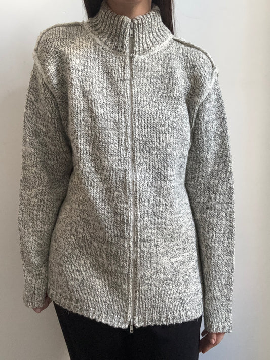 Vintage Black + Ivory Mixed Knit Zip-Up Sweater Size Medium