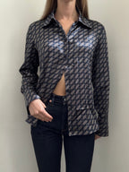 Vintage Blue + White Geometric Button Up Blouse Size L