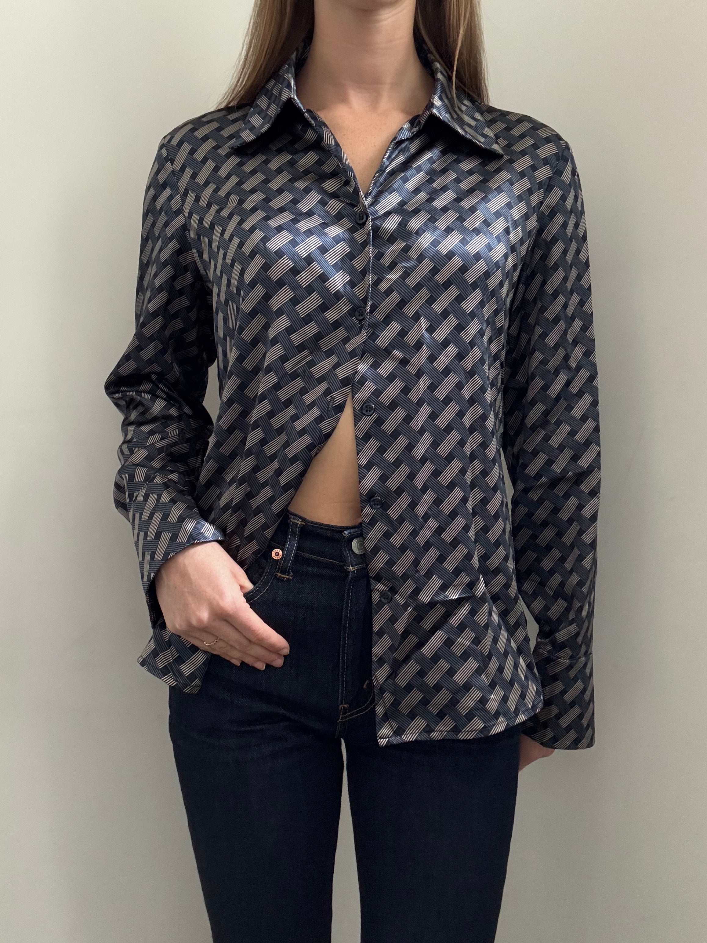 Vintage Blue + White Geometric Button Up Blouse Size L