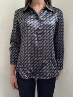 Vintage Blue + White Geometric Button Up Blouse Size L