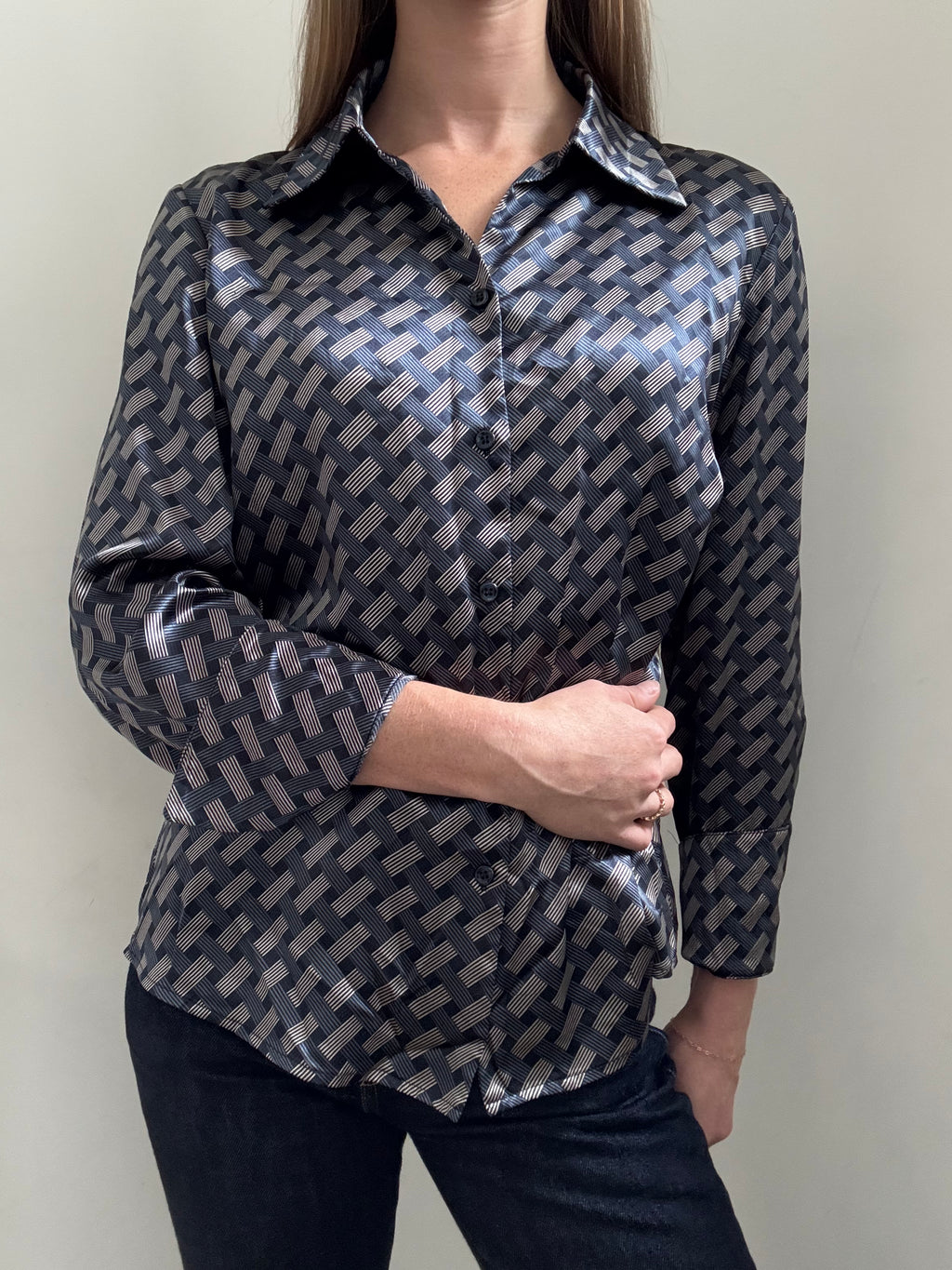 Vintage Blue + White Geometric Button Up Blouse Size L