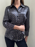 Vintage Blue + White Geometric Button Up Blouse Size L