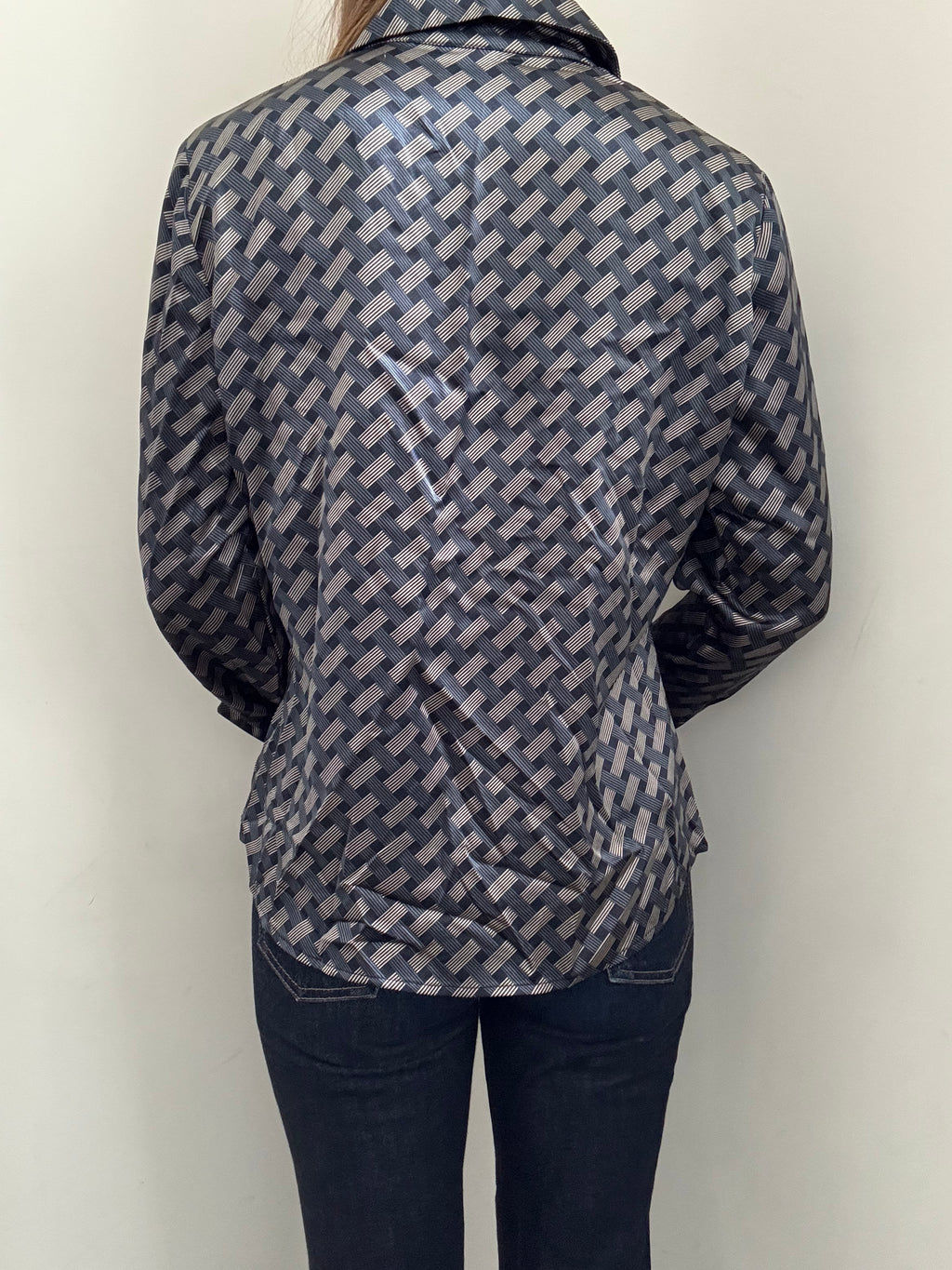 Vintage Blue + White Geometric Button Up Blouse Size L