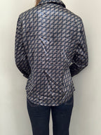 Vintage Blue + White Geometric Button Up Blouse Size L
