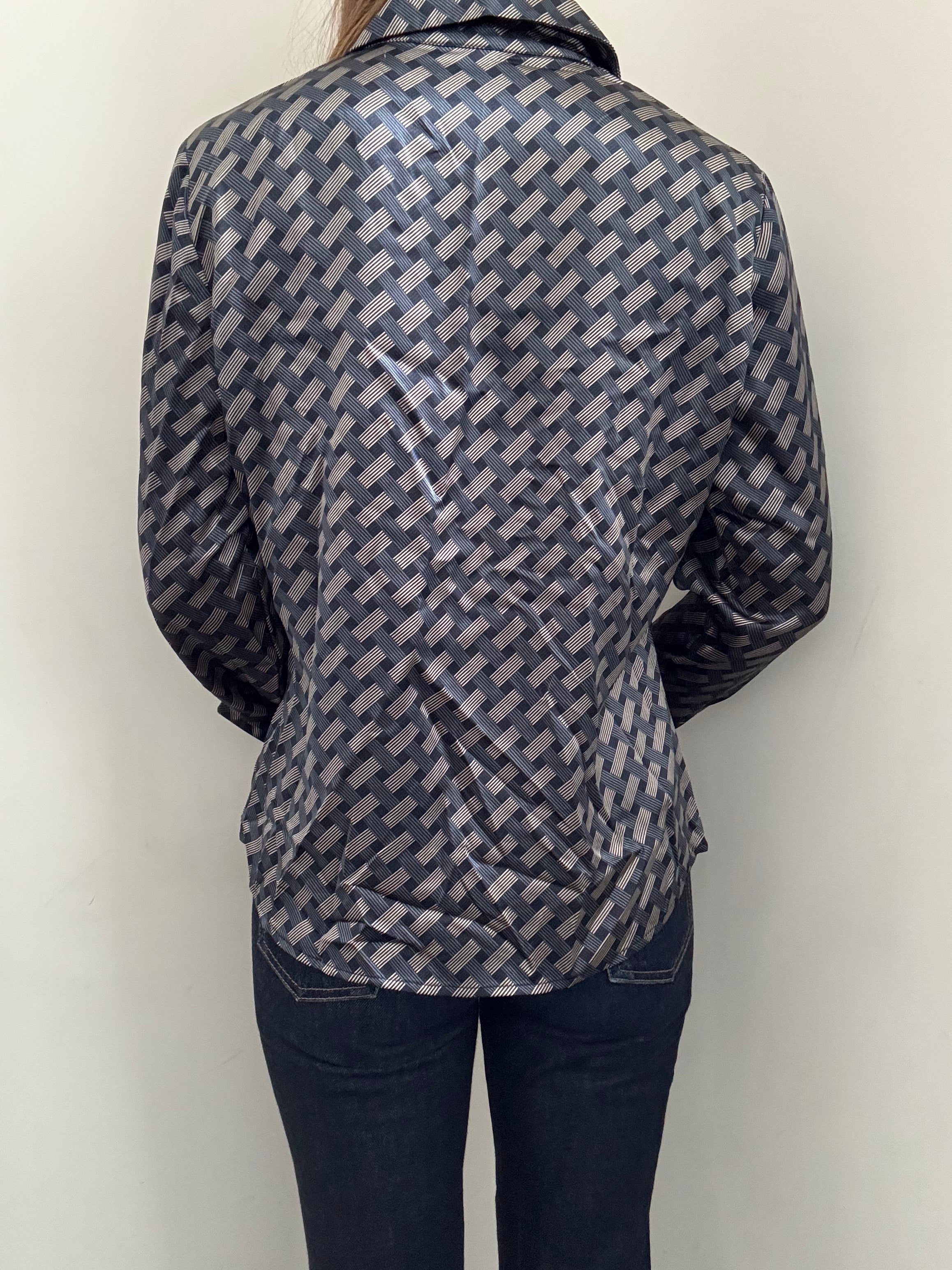 Vintage Blue + White Geometric Button Up Blouse Size L