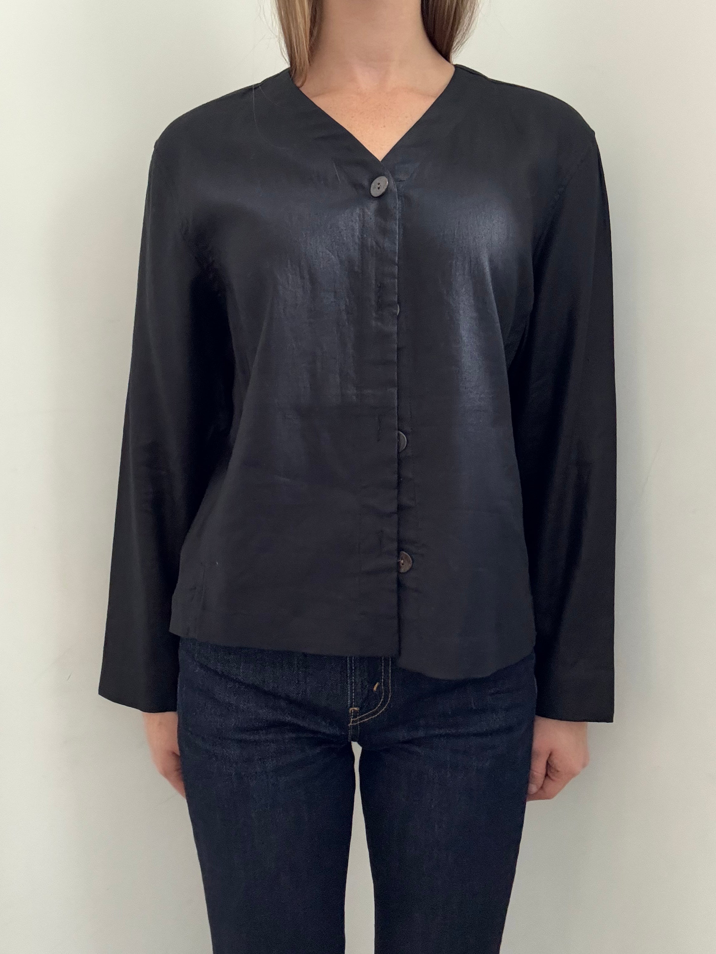 Vintage Black Linen Blouse Size PL