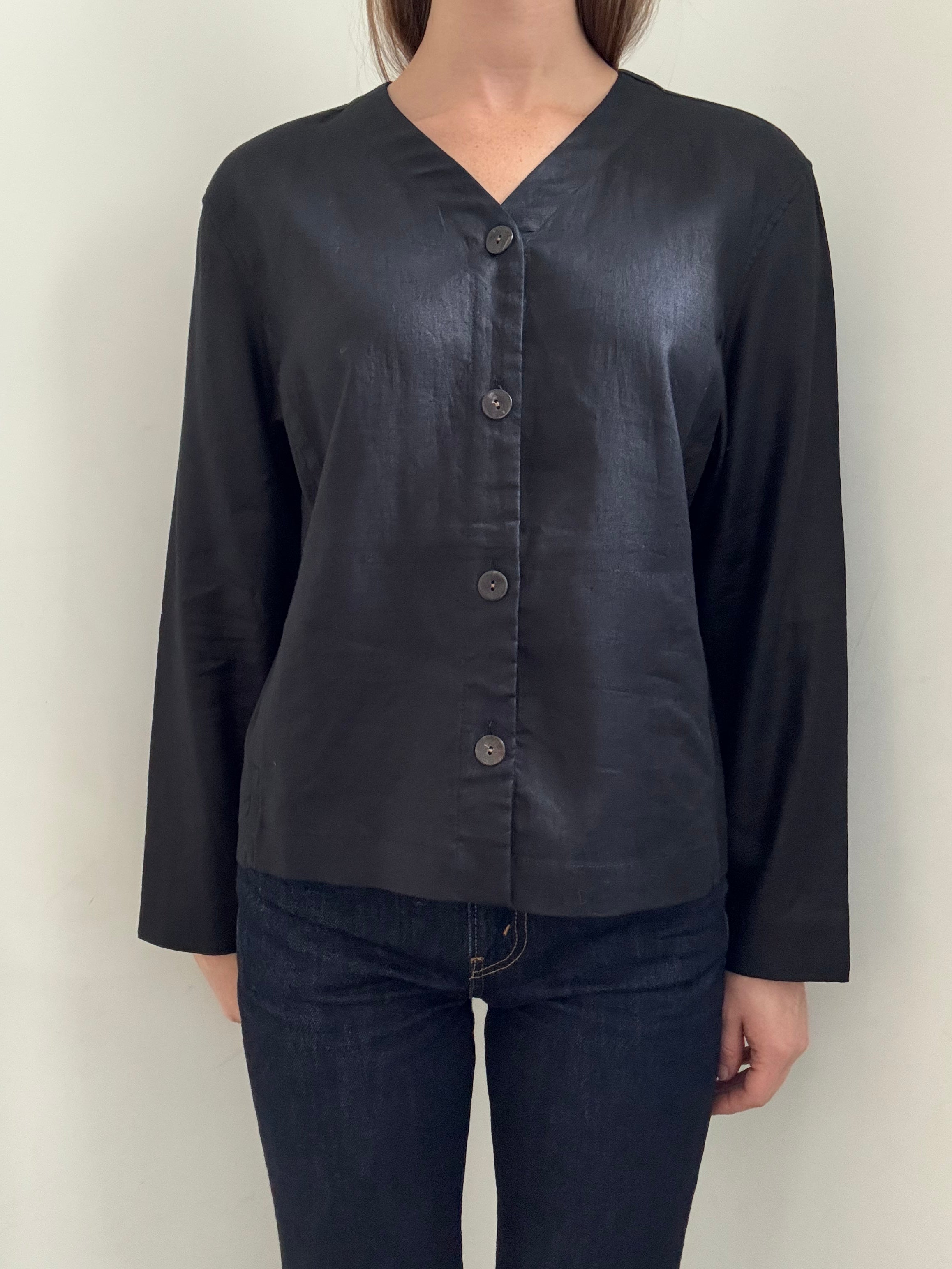 Vintage Black Linen Blouse Size PL