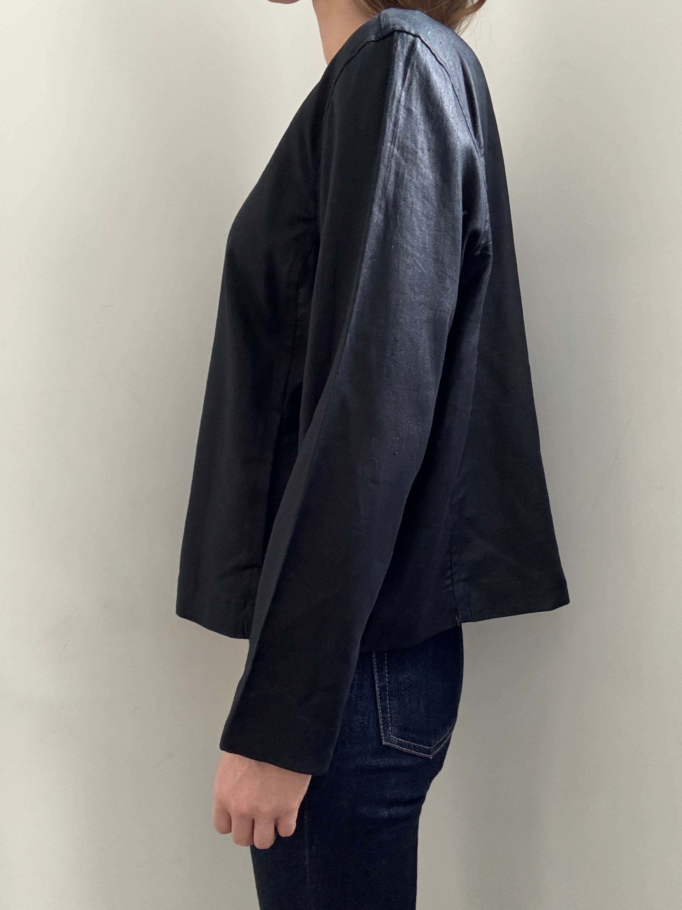 Vintage Black Linen Blouse Size PL