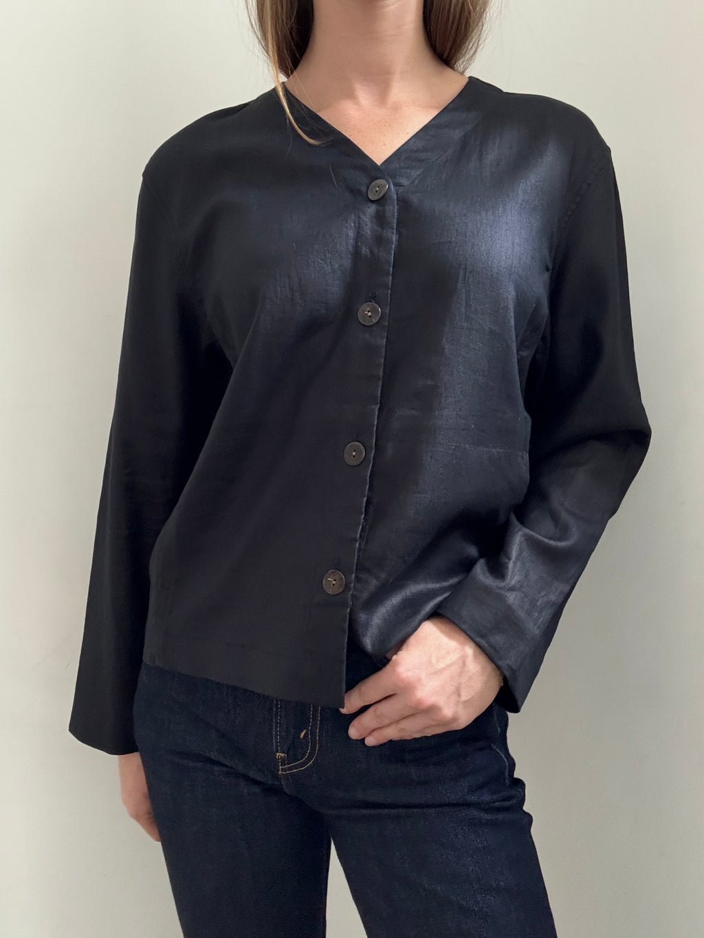 Vintage Black Linen Blouse Size PL