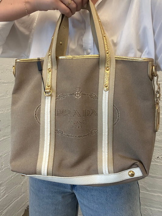 Vintage Prada Gold Jacquard Logo Tote Bag