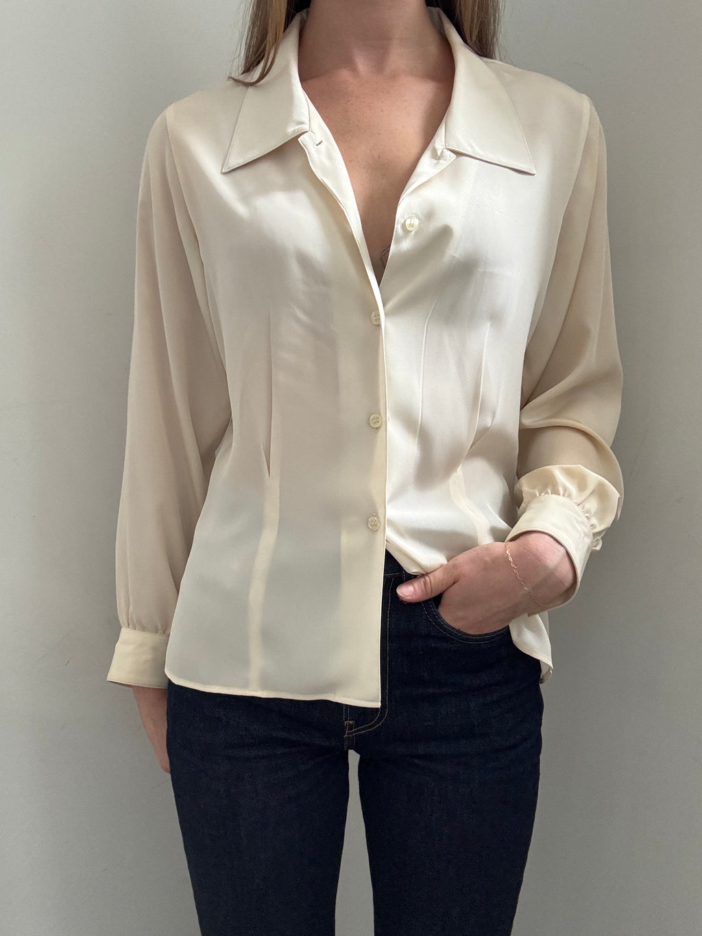 Vintage Cream Cinched Petite Blouse Size Medium