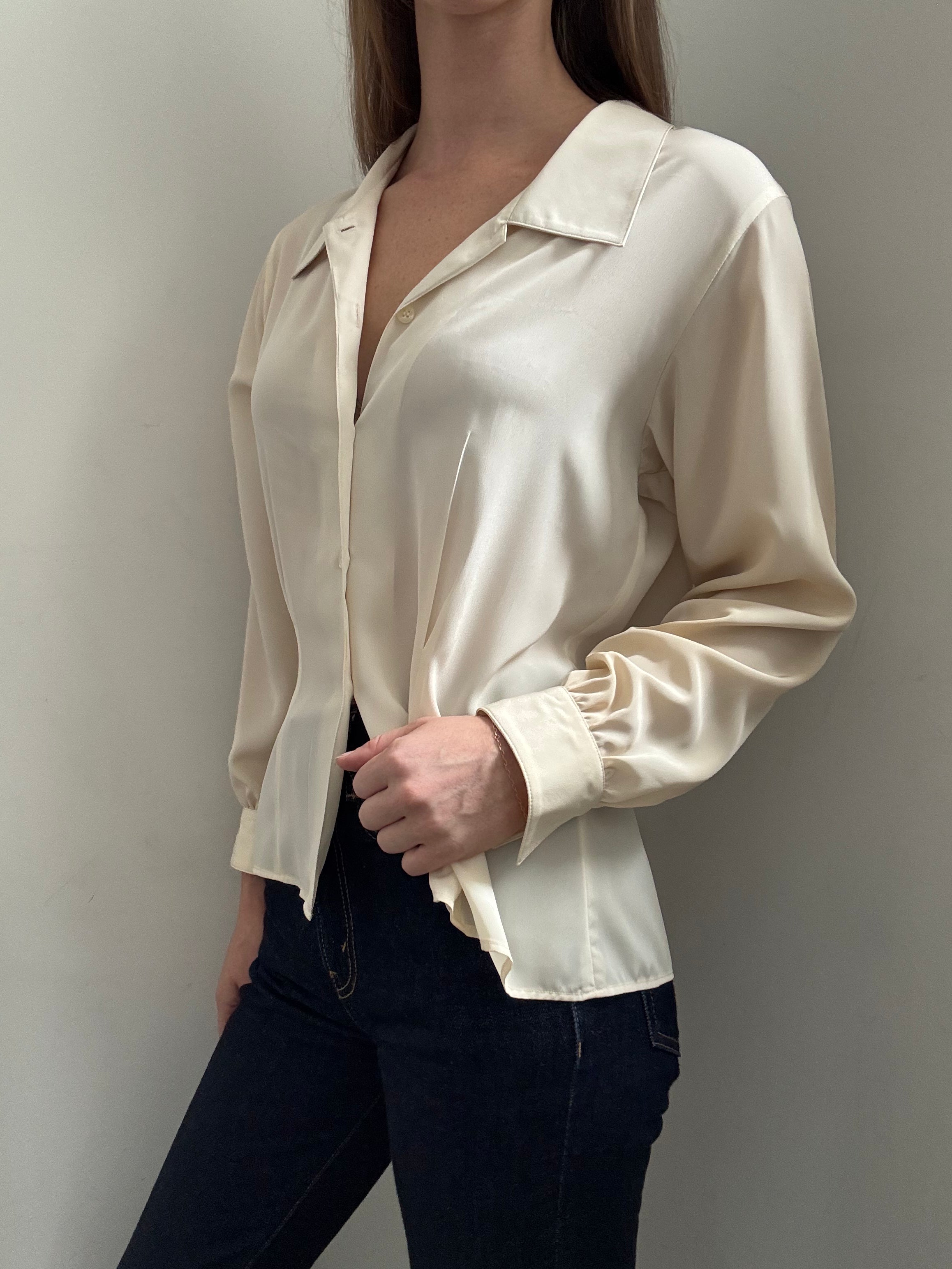 Vintage Cream Cinched Petite Blouse Size Medium