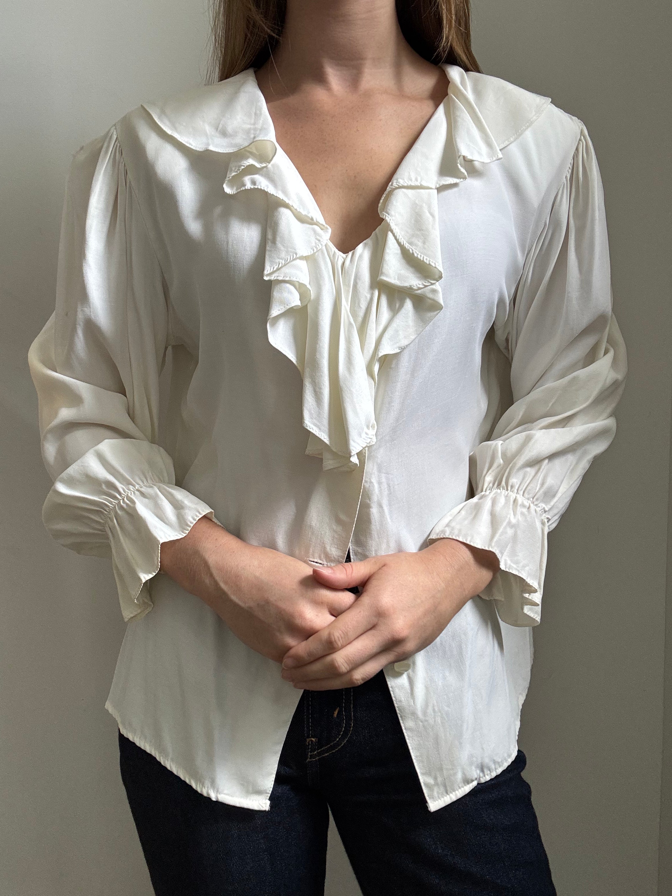 Vintage Ivory Ruffle Long-Sleeve Button Up Blouse Size XL