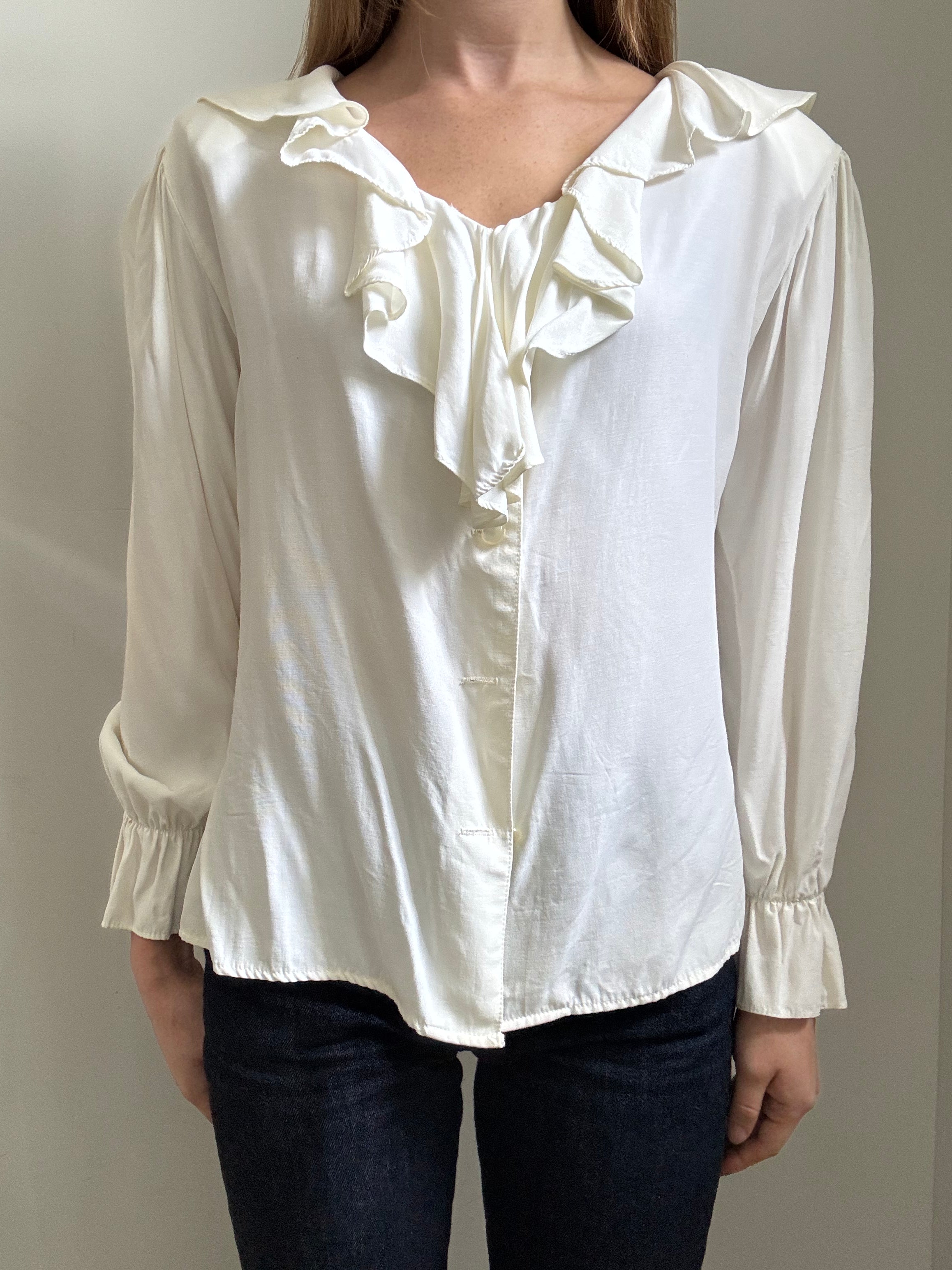 Vintage Ivory Ruffle Long-Sleeve Button Up Blouse Size XL