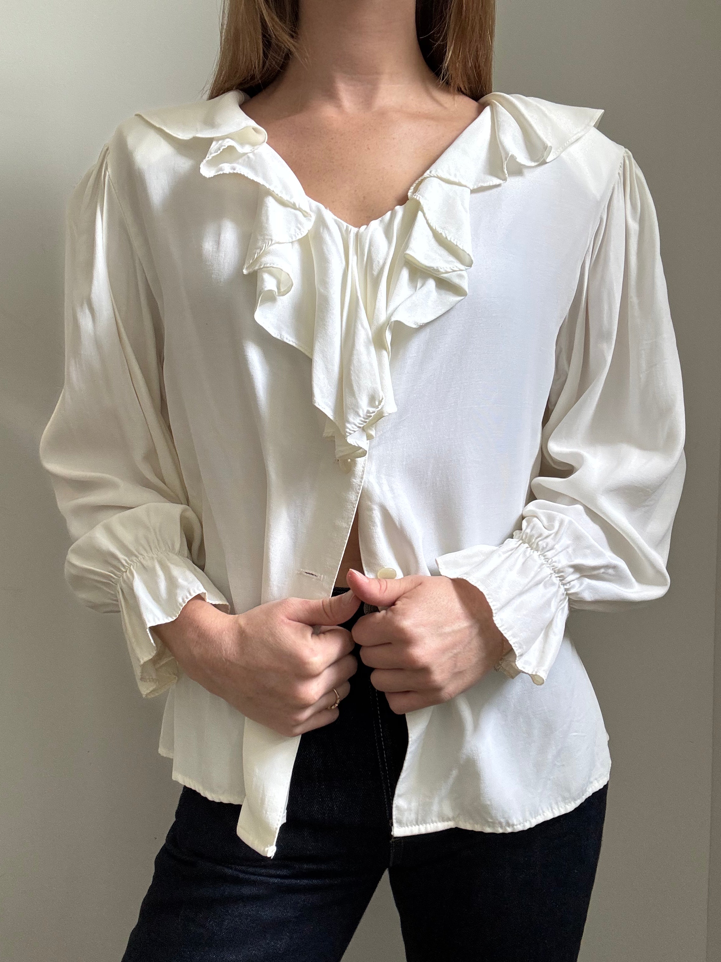 Vintage Ivory Ruffle Long-Sleeve Button Up Blouse Size XL