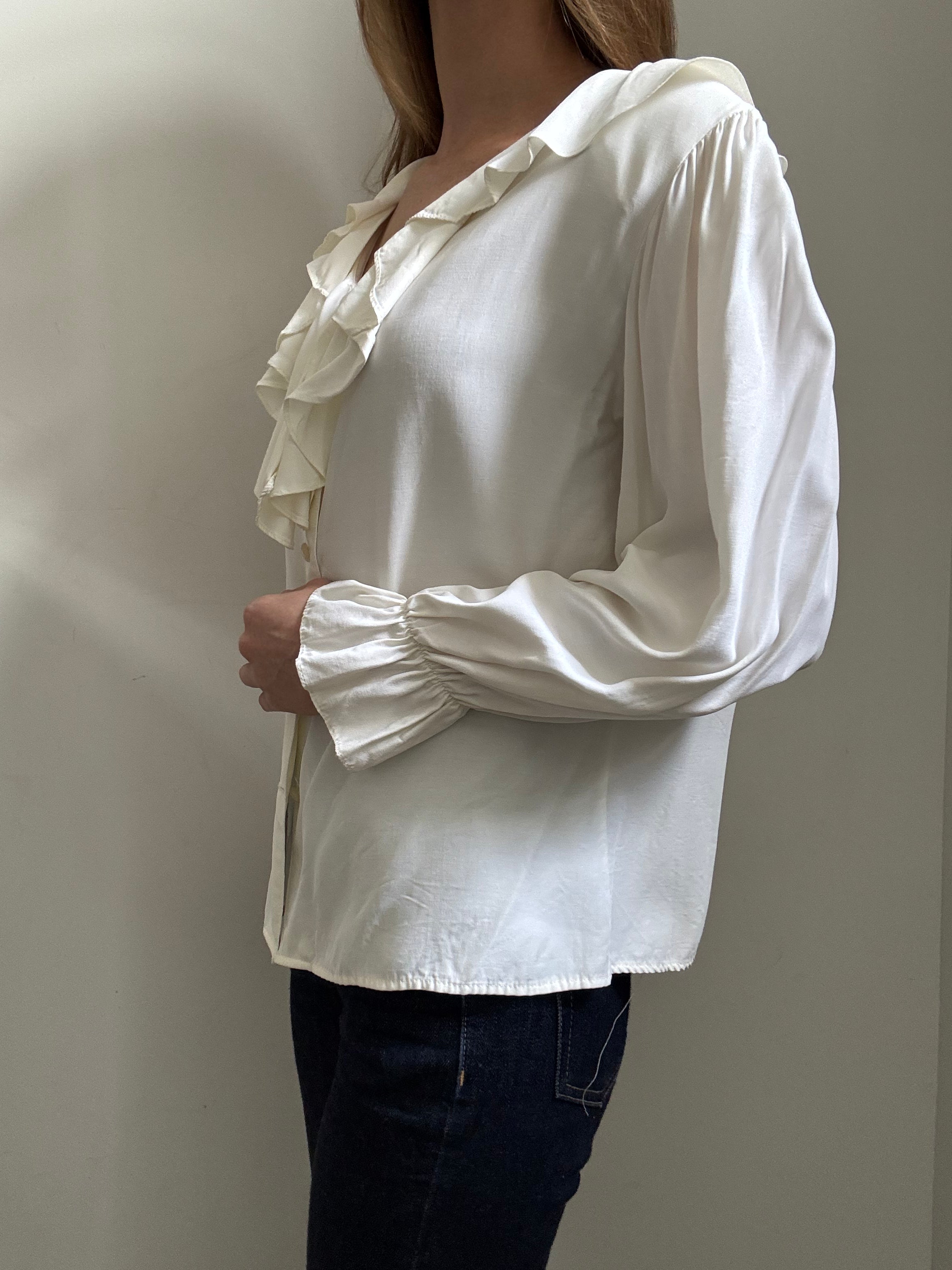 Vintage Ivory Ruffle Long-Sleeve Button Up Blouse Size XL