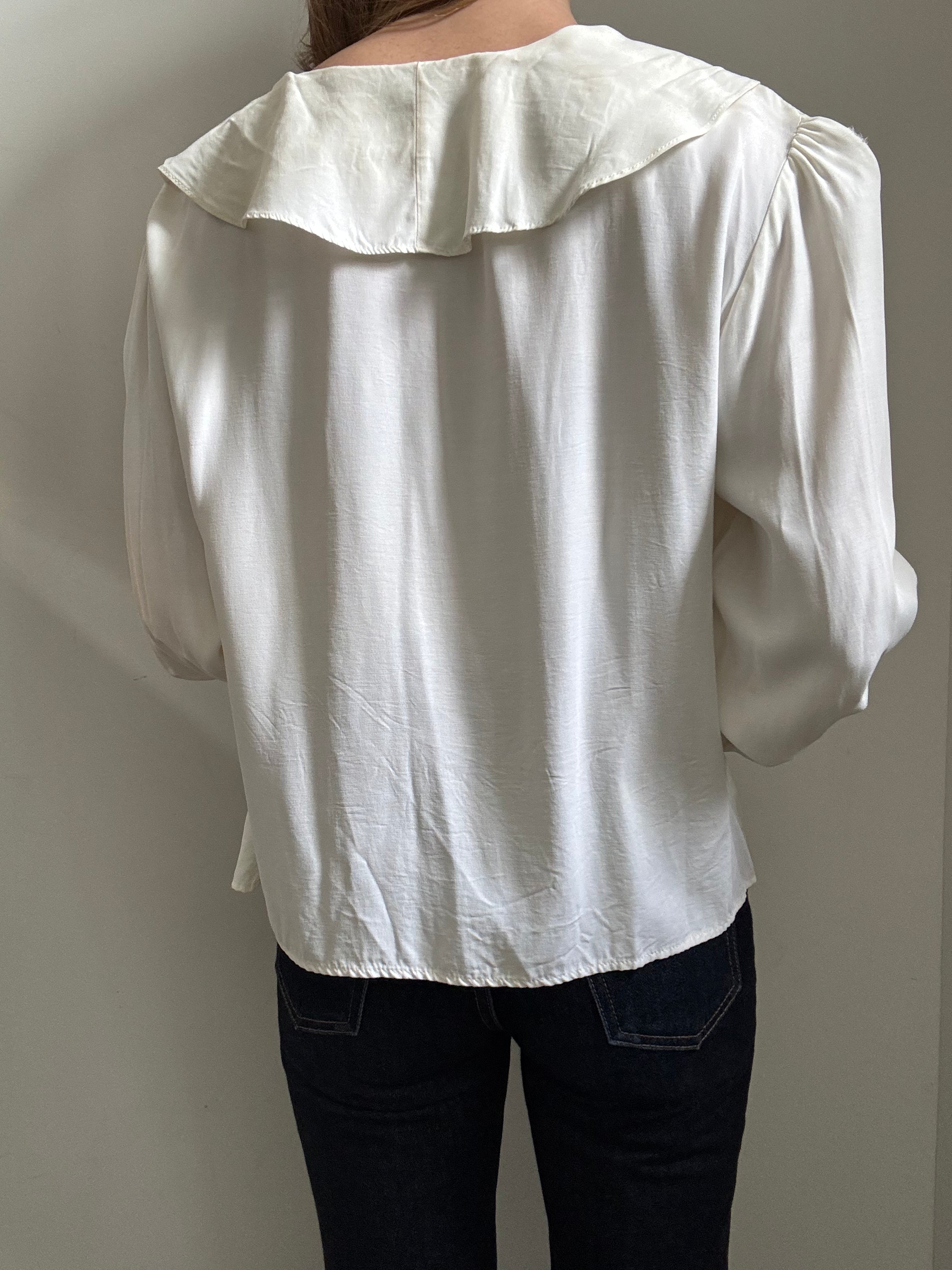 Vintage Ivory Ruffle Long-Sleeve Button Up Blouse Size XL