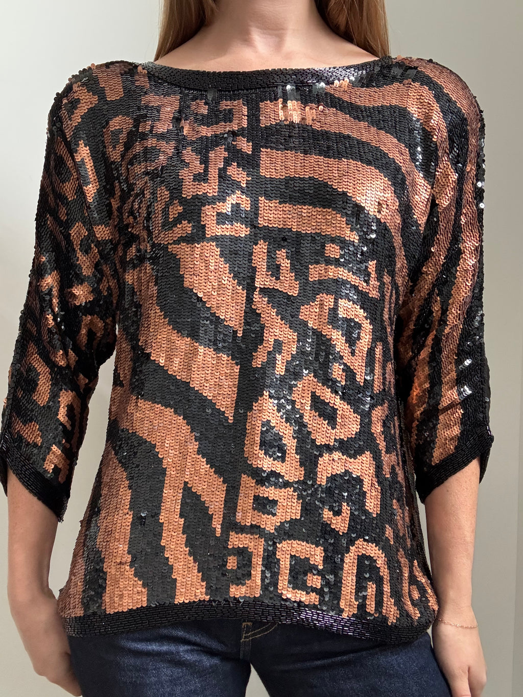 Vintage Bronze + Black Sequin Animal Print Blouse Size Small