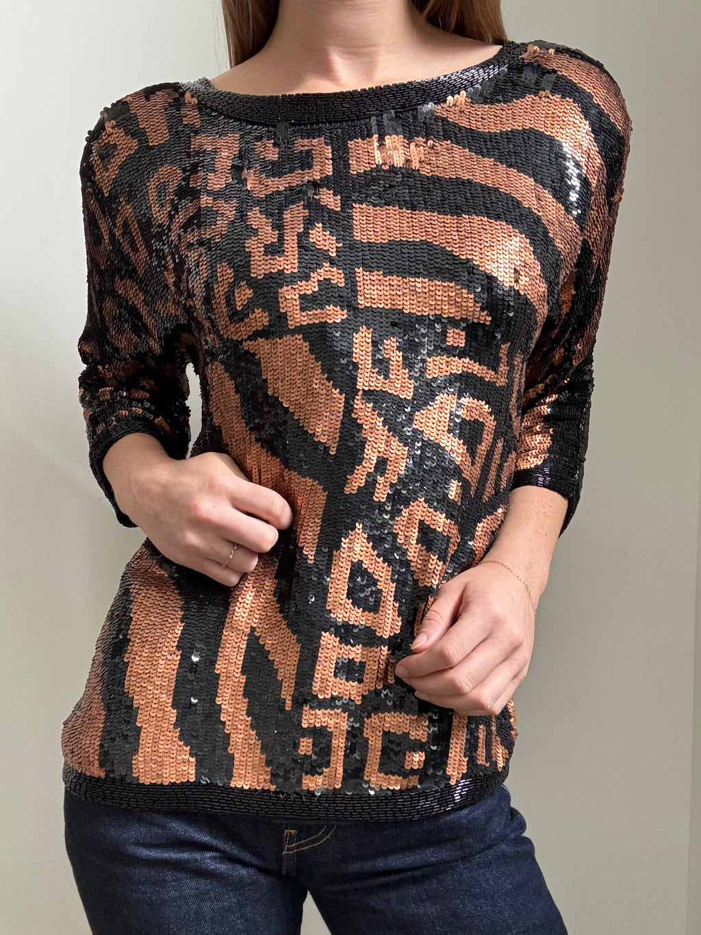 Vintage Bronze + Black Sequin Animal Print Blouse Size Small