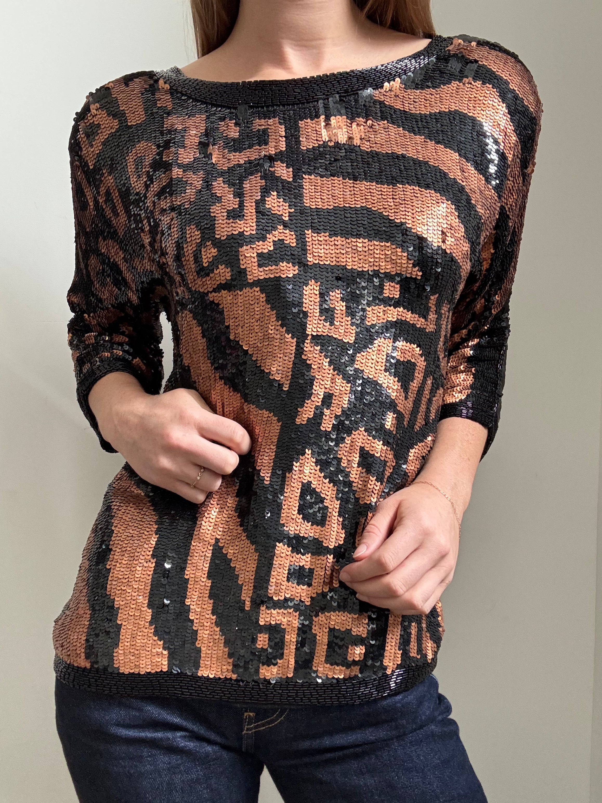 Vintage Bronze + Black Sequin Animal Print Blouse Size Small