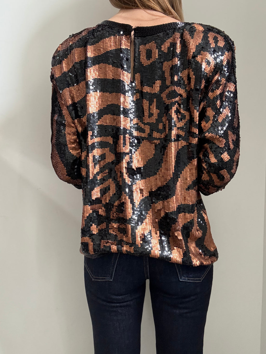 Vintage Bronze + Black Sequin Animal Print Blouse Size Small