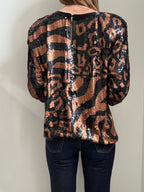 Vintage Bronze + Black Sequin Animal Print Blouse Size Small