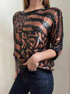Vintage Bronze + Black Sequin Animal Print Blouse Size Small