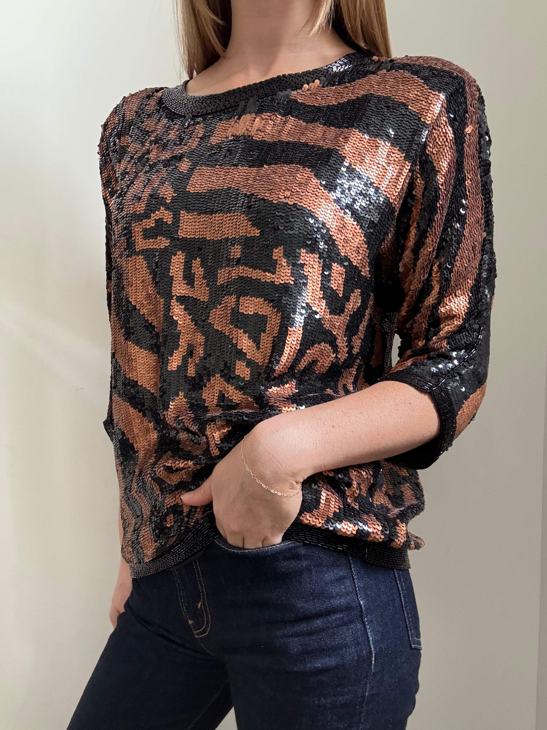 Vintage Bronze + Black Sequin Animal Print Blouse Size Small