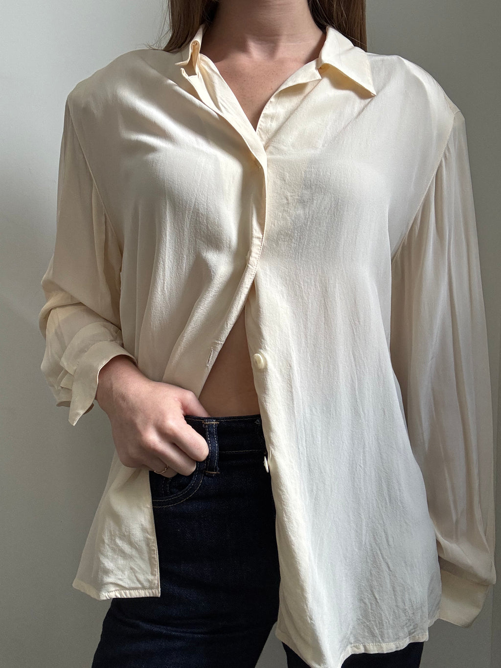 Vintage Beige Silk Button Up Blouse Size Large