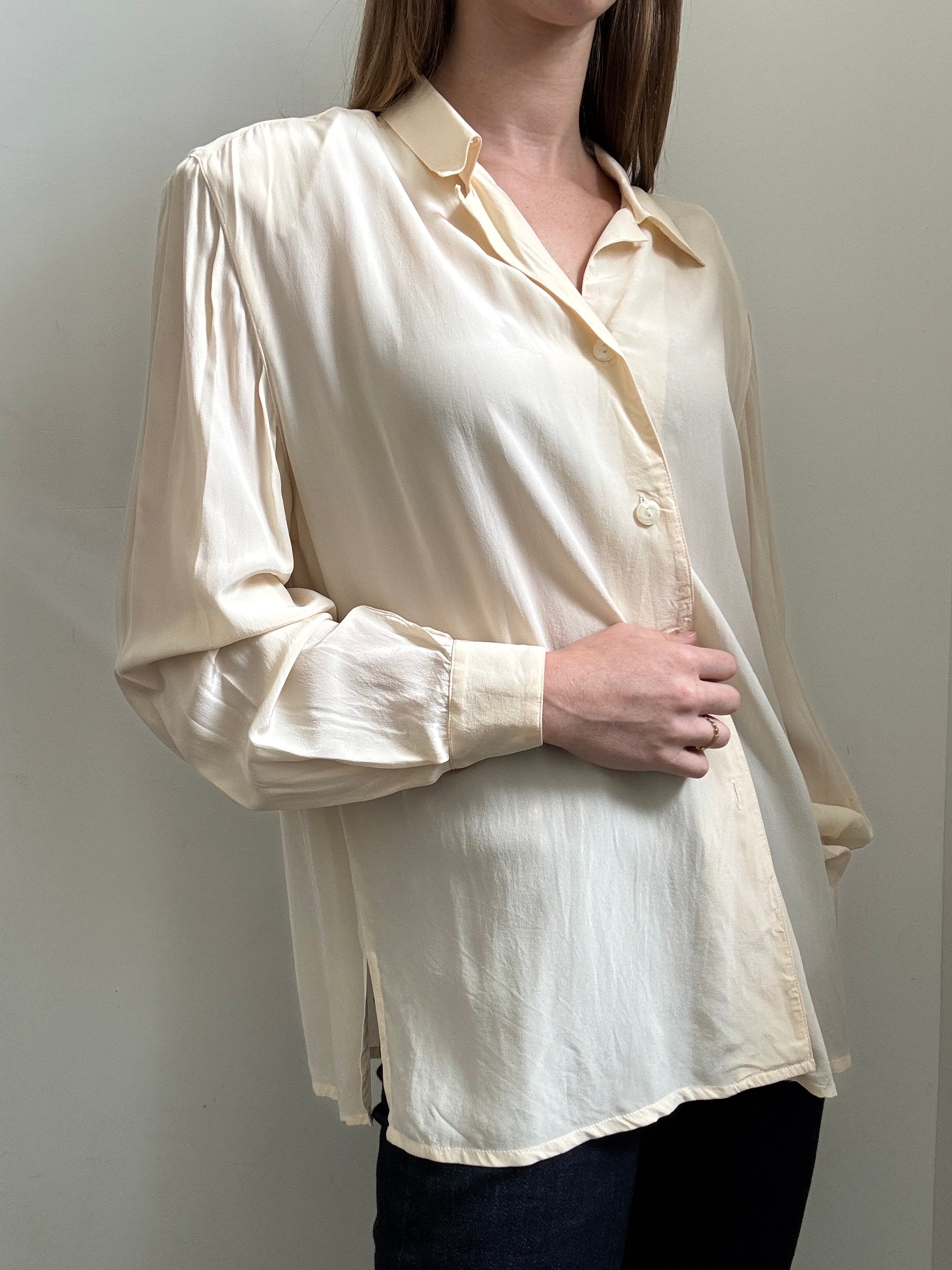 Vintage Beige Silk Button Up Blouse Size Large