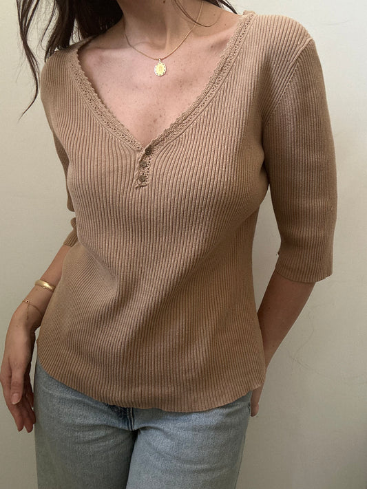 Vintage Beige Ribbed V-neck Top Size Medium