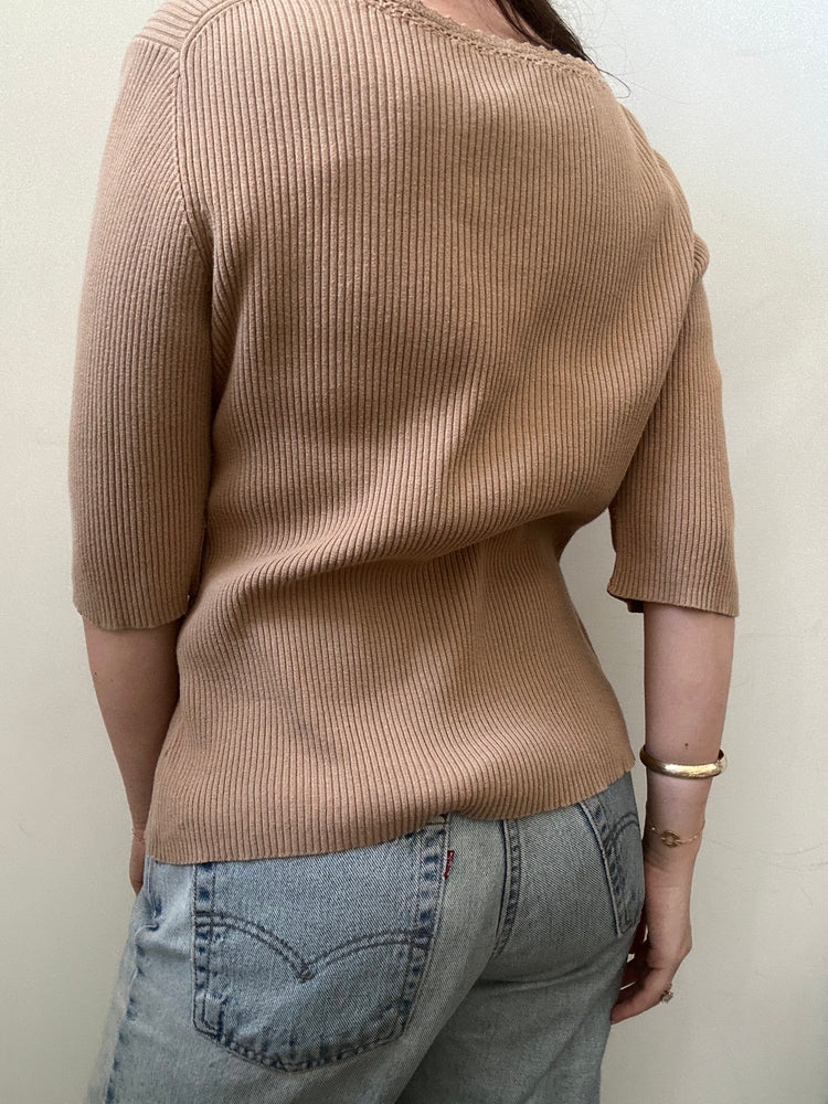 Vintage Beige Ribbed V-neck Top Size Medium