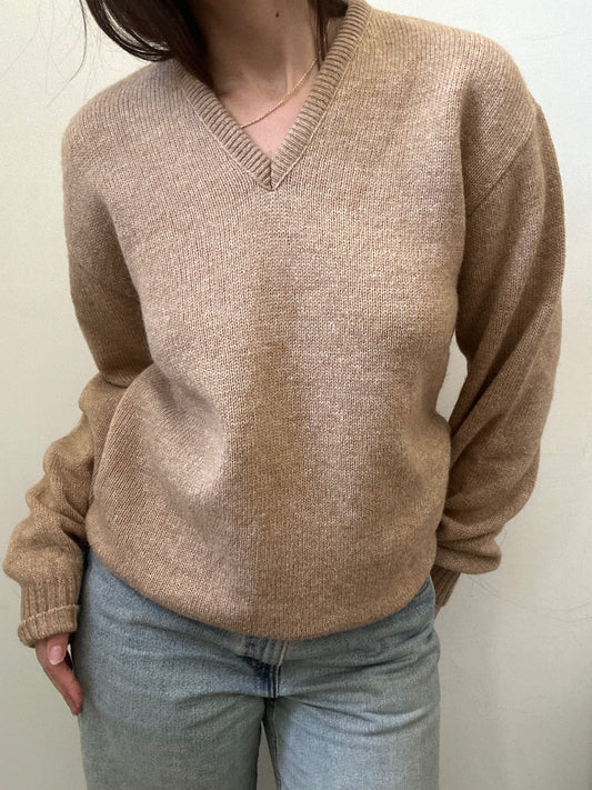Vintage Tan Wool Blend V-neck Sweater Size Medium
