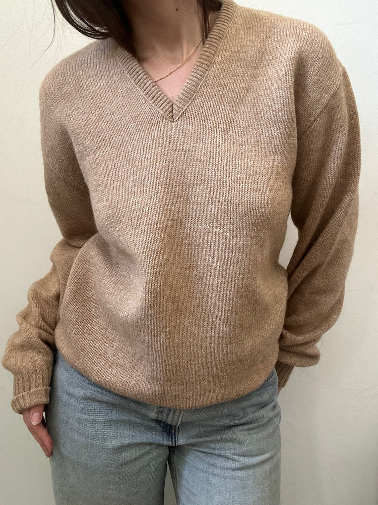 Vintage Tan Wool Blend V-neck Sweater Size Medium
