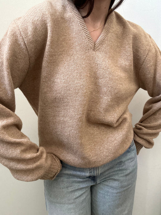 Vintage Tan Wool Blend V-neck Sweater Size Medium