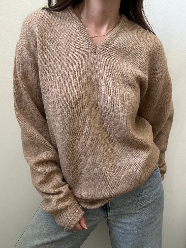 Vintage Tan Wool Blend V-neck Sweater Size Medium