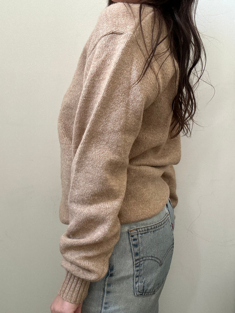 Vintage Tan Wool Blend V-neck Sweater Size Medium