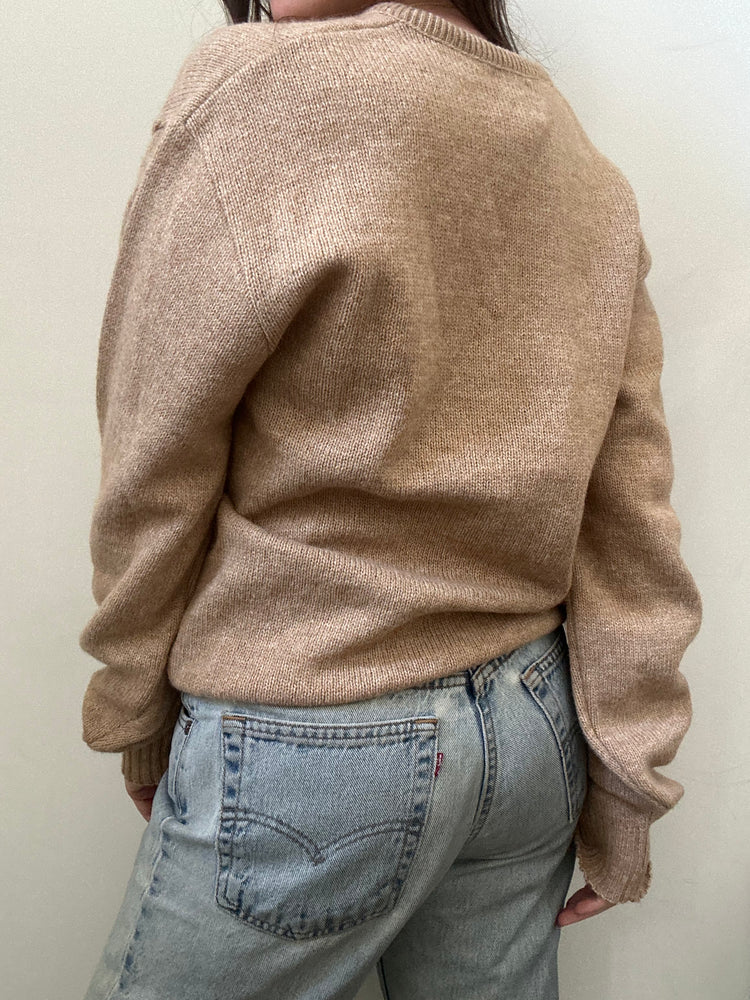 Vintage Tan Wool Blend V-neck Sweater Size Medium