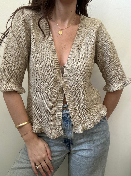 Vintage Beige Crochet Ruffled Blouse Size Small