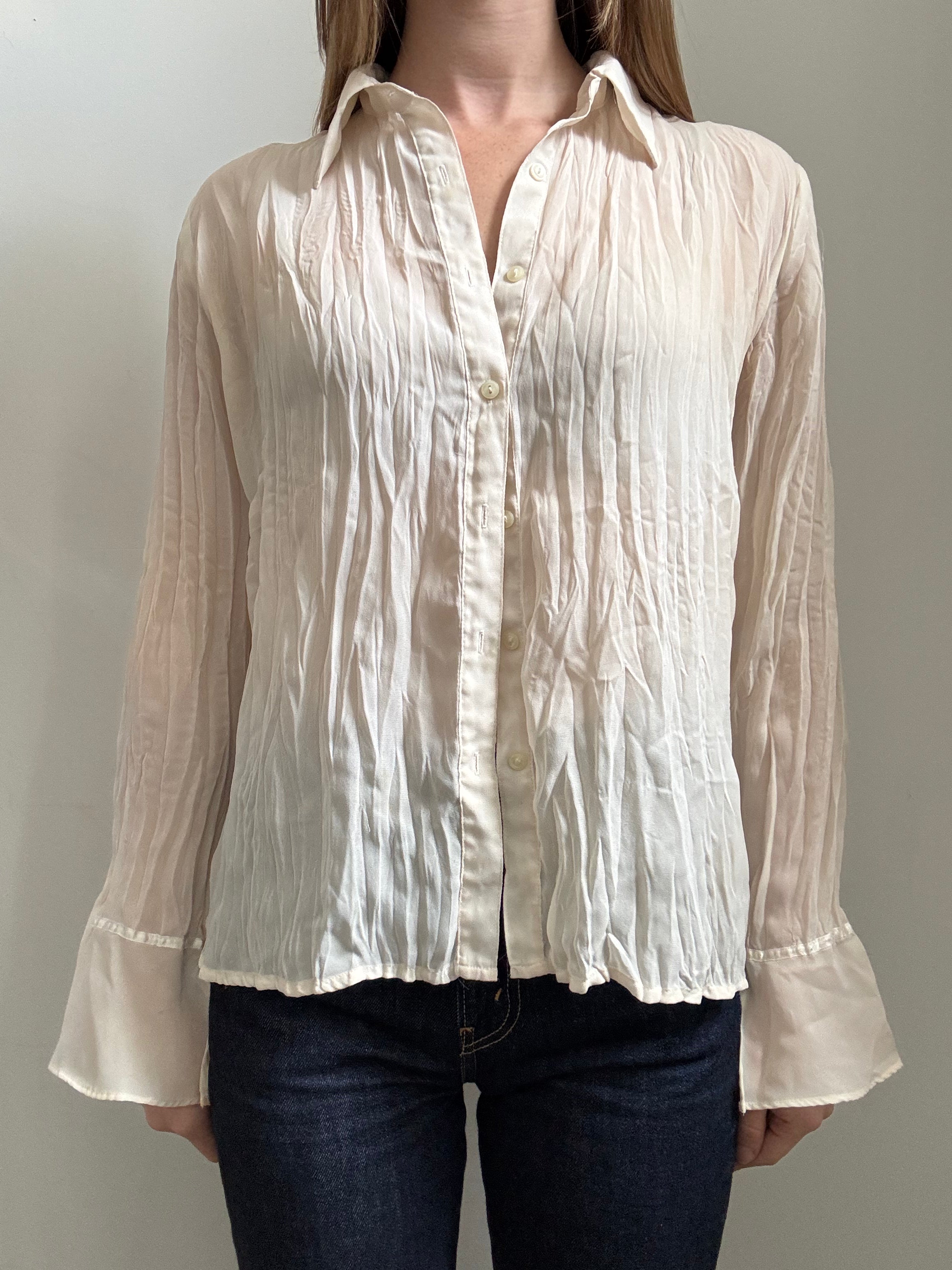 Vintage Cream Crinkled Sheer Long Sleeve Blouse Size XS