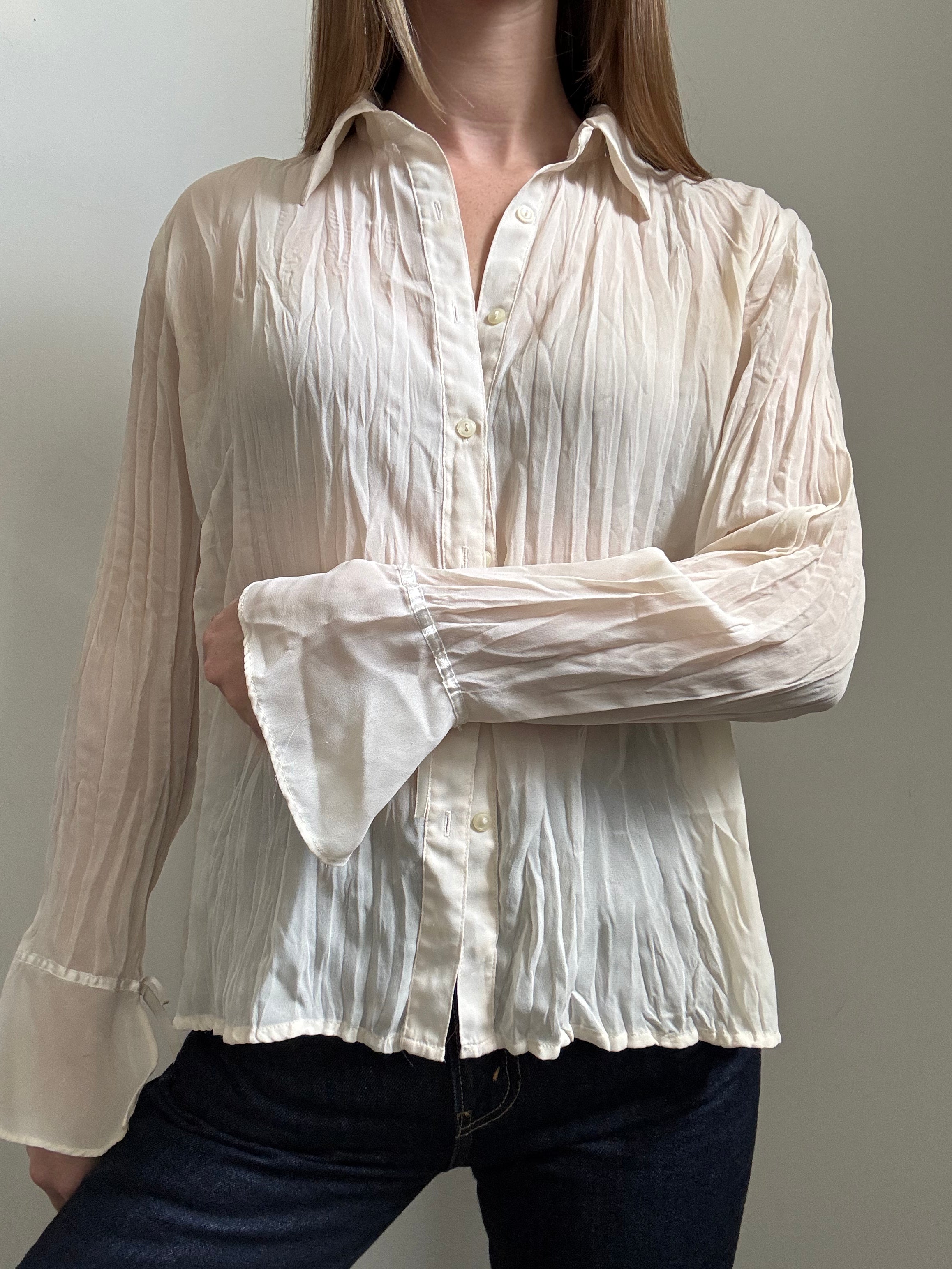 Vintage Cream Crinkled Sheer Long Sleeve Blouse Size XS