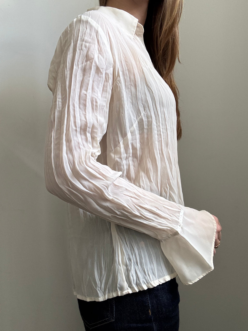 Vintage Cream Crinkled Sheer Long Sleeve Blouse Size XS
