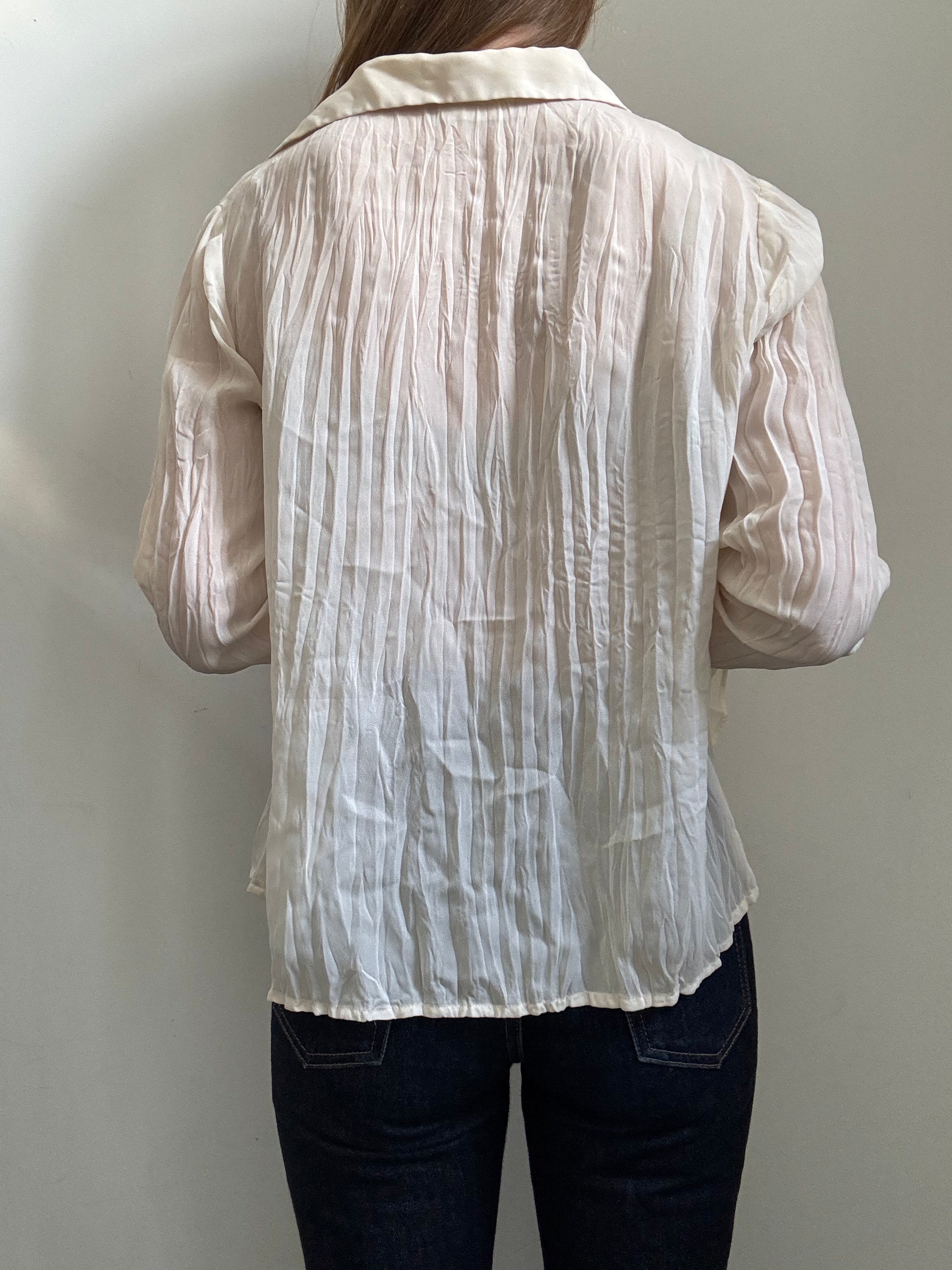 Vintage Cream Crinkled Sheer Long Sleeve Blouse Size XS