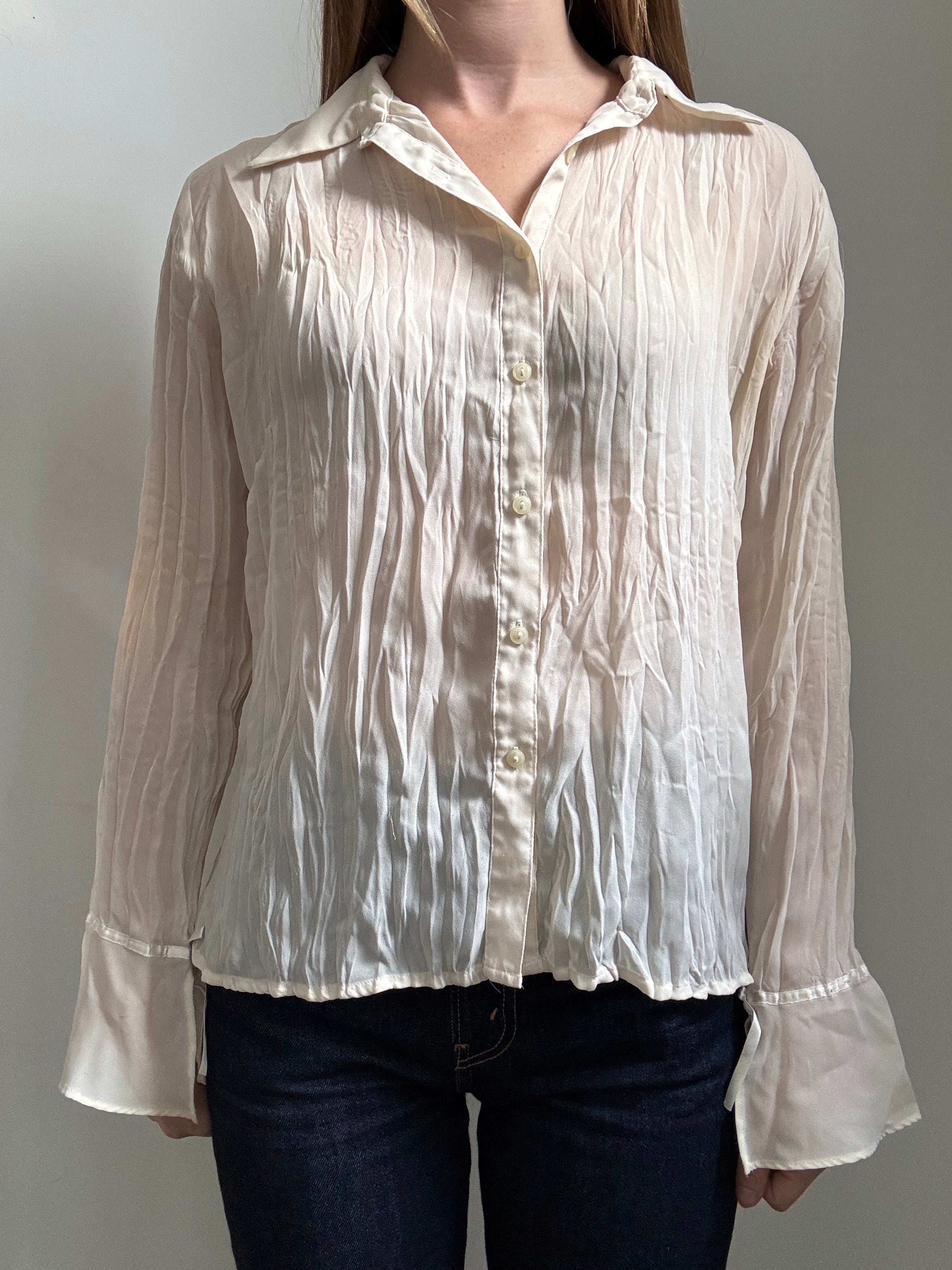 Vintage Cream Crinkled Sheer Long Sleeve Blouse Size XS