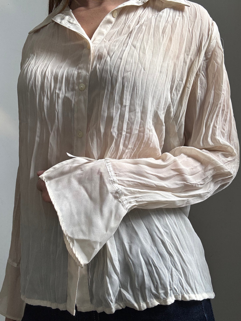 Vintage Cream Crinkled Sheer Long Sleeve Blouse Size XS