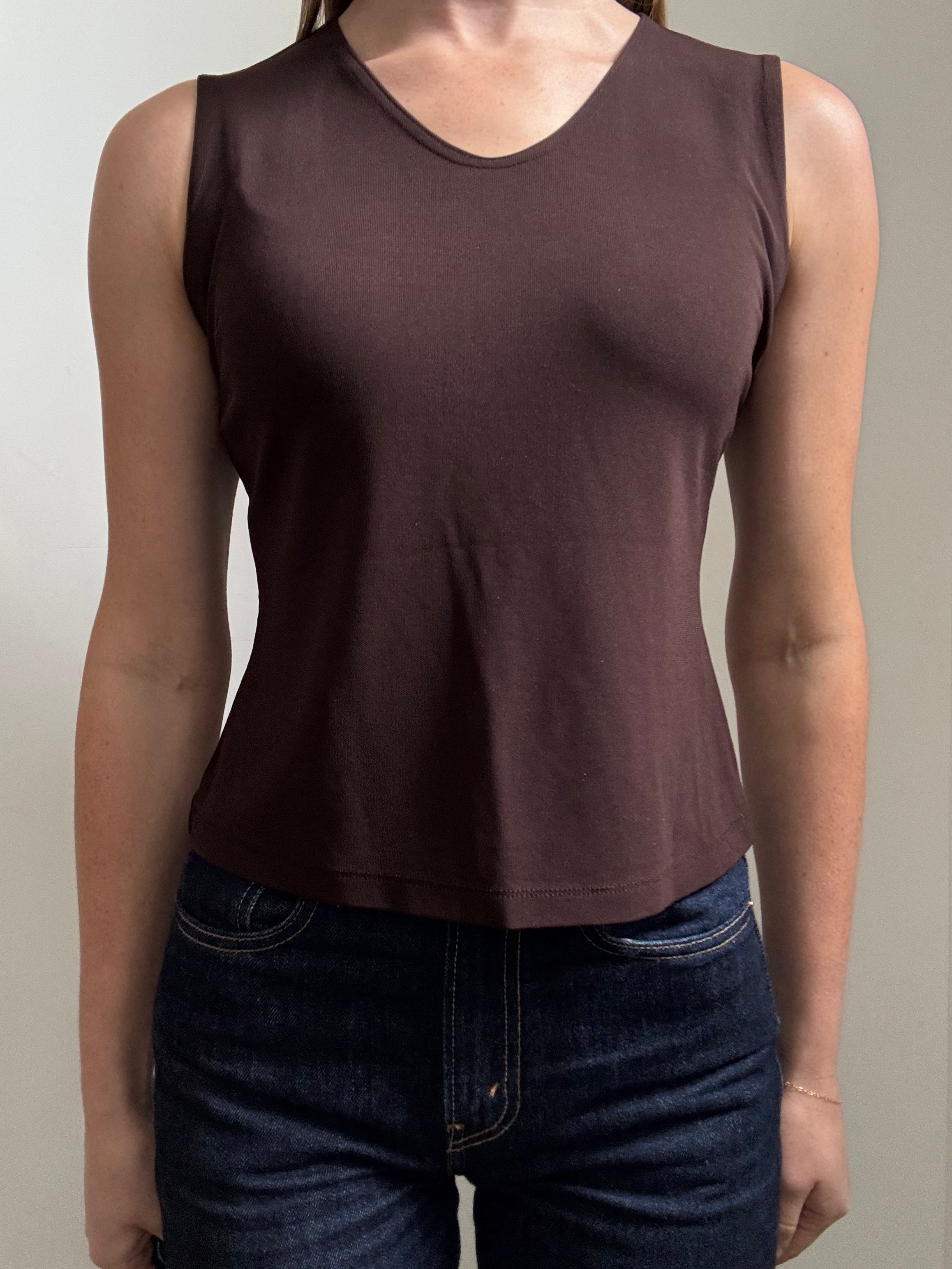 Vintage Brown Sleeveless V-Neck Fitted Tank Size Small