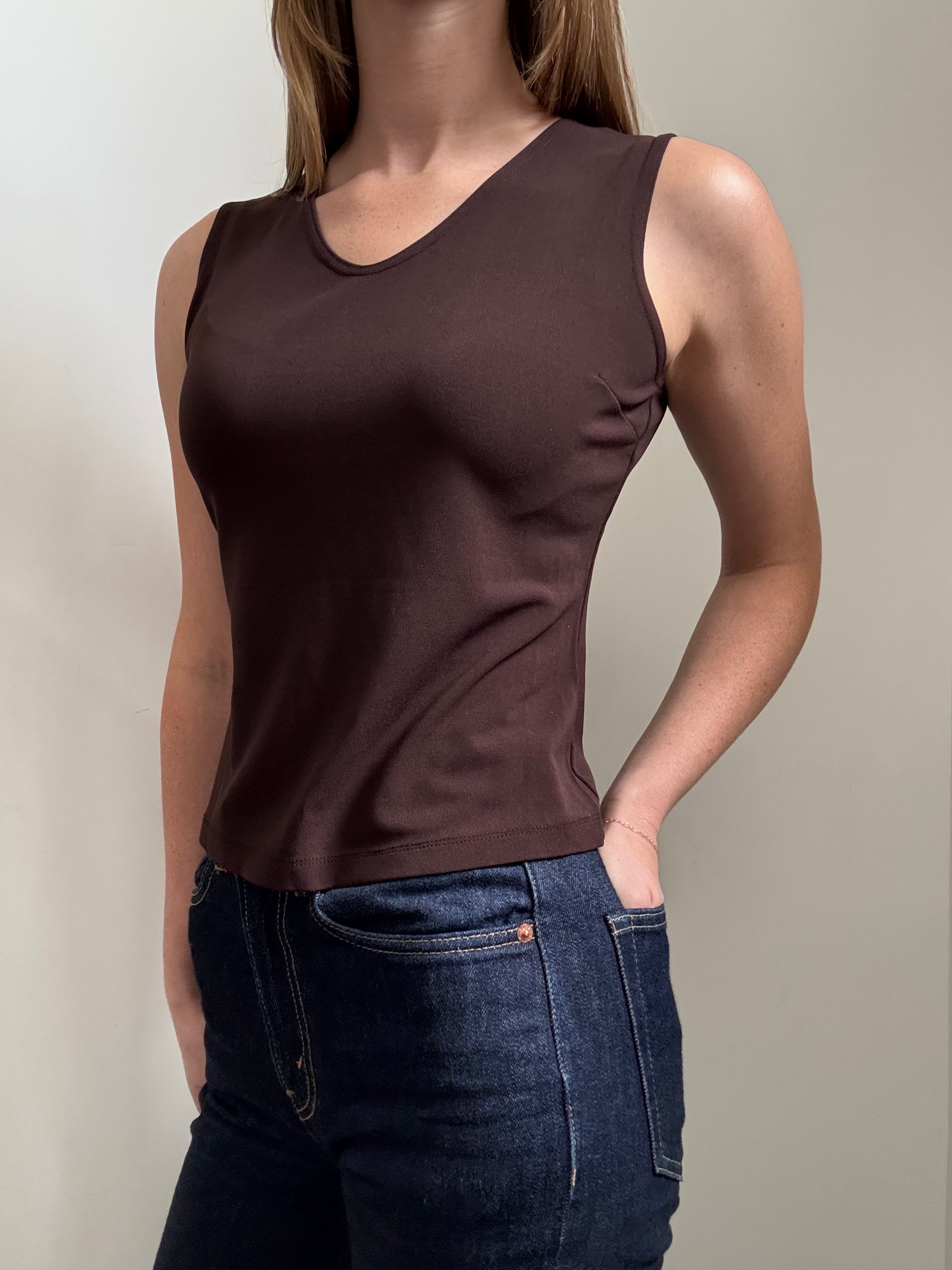 Vintage Brown Sleeveless V-Neck Fitted Tank Size Small